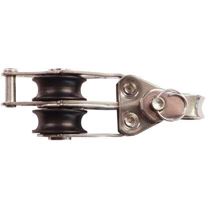 Double Fixed Pulley Block With Becket & 20mm Sheave, 316 Stainless Side Plates, Miniox