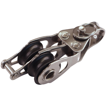 Double Fixed Pulley Block With Becket & 20mm Sheave, 316 Stainless Side Plates, Miniox