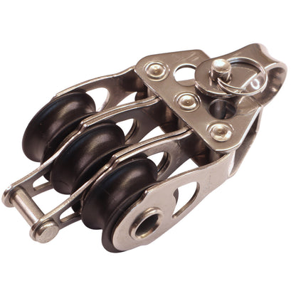 Triple Fixed Pulley Block With Becket & 20mm Sheave, 316 Stainless Side Plates, Miniox