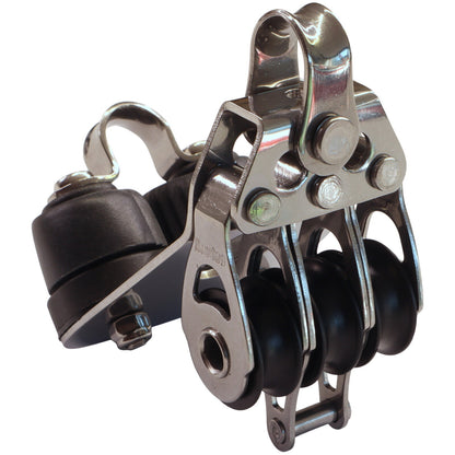 Triple Fixed Pulley Block With Cam Cleat & Becket, 316 Stainless Side Plates, Miniox