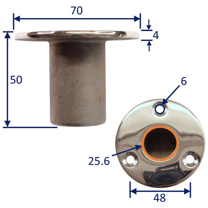 Recessed Deck Tube Holder (25mm diameter), Canopy Frame Mounting In 316 Stainless Steel, Ideal For Canopy Frames / Bini Frames