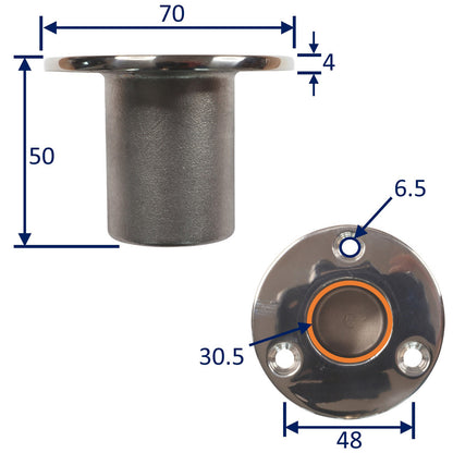 Recessed Deck Tube Holder (30mm diameter), Canopy Frame Mounting In 316 Stainless Steel, Ideal For Canopy Frames / Bini Frames