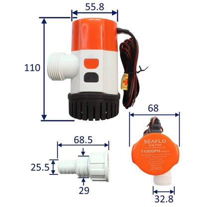 12V SEAFLO 1100 GPH Electric Bilge Pump With Modular Quick Connect and Non-Return Valve