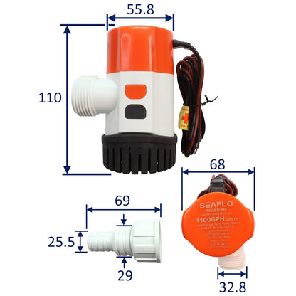 24V SEAFLO 1100 GPH Electric Bilge Pump With Modular Quick Connect and Non-Return Valve