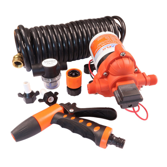 SEAFLO Wash Down Pump Kit, Consists of a UV-Protected 6.5m Coiled 1/3inch Diameter Hose, Trigger Spray Gun with Quick Connect, High Pressure 3.0GPM Pump, 12 Volts