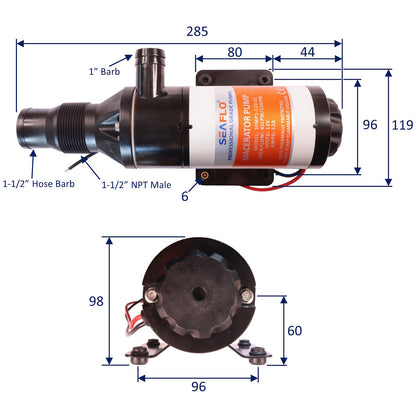 SEAFLO Macerator Pump, Flow Rate 12 GPM, 12 Volts, Triple Sealed Motor & Bearings, 4-Blade Cutting, Rubber and Aluminium Impeller