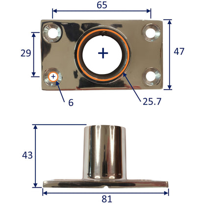 Tube Mounting Support, Flanged 316 Stainless Steel 90-Degree Tube Mounting Socket With Rectangular Base