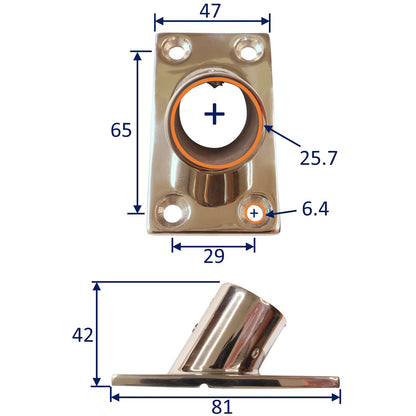 Tube Mounting Support, Flanged 316 Stainless Steel 60-Degree Tube Mounting Socket Options For 22mm Or 25mm Tube