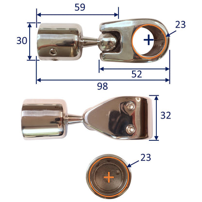 Bimini Ball-Joint, For Stainless Steel Bimini / Tubing Framework, Choice Of Sizes For 22mm Or 25mm Tubing