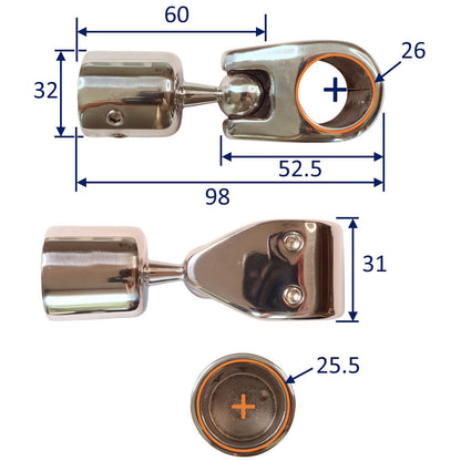 Bimini Ball-Joint, For Stainless Steel Bimini / Tubing Framework, Choice Of Sizes For 22mm Or 25mm Tubing