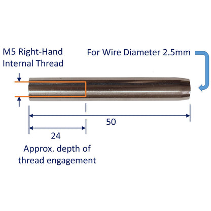 Swage End Fitting For Wire Rope, 316 Stainless Steel Swage Fitting, With Female Metric Thread