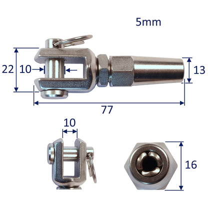 Wire Rope End Terminal Fork End, 316 Stainless Steel Wire Rope Terminal With Mechanical Grip Connection