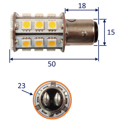 Navigation / Interior LED Bulb, BAY15D Fitting, Warm White, 300 Lumen, 25W, 10-30V DC, Offset Bayonet Fitting Double Contact Base, 24 LED