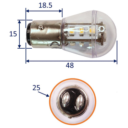 Navigation / Interior LED Bulb, BAY15D Fitting, Warm White, 127 Lumen, 11W, 10-30V DC, Offset Bayonet Fitting Double Contact Base, 15 LED