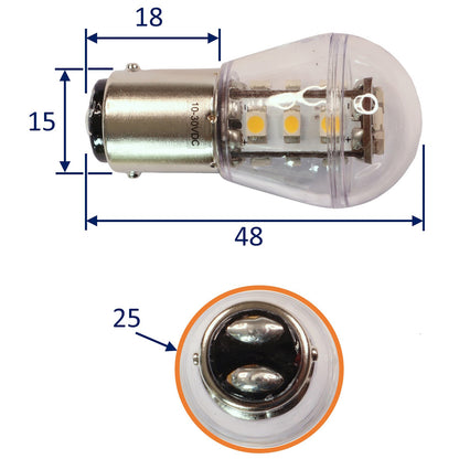 Interior LED Bulb, BA15D Fitting, Warm White, 127 Lumen, 11W, 10-30V DC, Double Contact Base, Clear Cover, LED 15