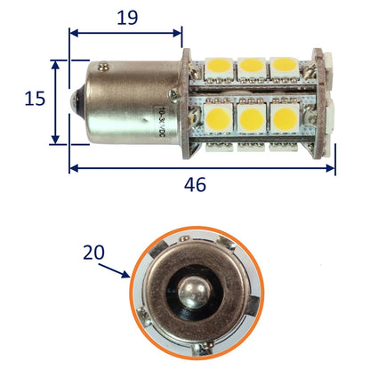 Interior LED Bulb, BA15S Fitting, Warm White, 279 Lumen, 23W,10-30V DC, Single Contact Base, 21 LED