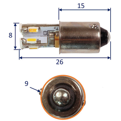 Small Interior LED Bulb, BA9S Fitting, Warm White, 63 Lumen, 6W, 10-30V DC. Chart Table Bulb, Single Contact Base, 12 LED