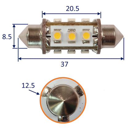 Festoon LED Bulb, SV8.5 Fitting, Warm White, 90 Lumen, 8W, 10-30V DC. 12 LED, 37mm Length