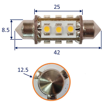 Festoon LED Bulb, SV8.5 Fitting, Warm White, 90 Lumen, 8W, 10-30V DC. 12 LED, 42mm Length