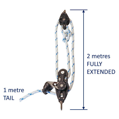 Sailing Pulley Block System 3:1 Ratio, 14mm Blue Fleck Braided Polyester Line, Tied To Block (Not Spliced)