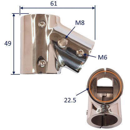 Hinged 2 Part T-Fitting with 60 Degree Angle, Stainless Steel, Available In Sizes To Fit 22mm And 25mm Tube