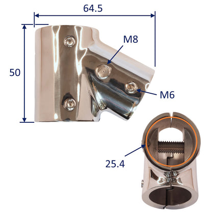 Hinged 2 Part T-Fitting with 60 Degree Angle, Stainless Steel, Available In Sizes To Fit 22mm And 25mm Tube