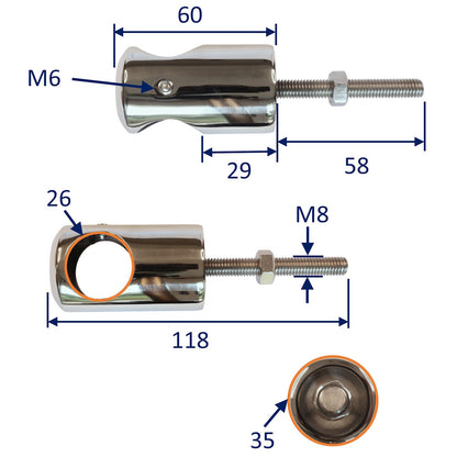 Handrail Tube Centre Fitting With External Thread, Stainless Steel, Available In Sizes To Fit 22mm And 25mm Tube