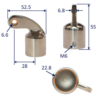 Tube End Cap Fitting With Extended Pivot At A 90 Degree Angle, 316 Stainless Steel, Available For 22mm & 25mm Tube