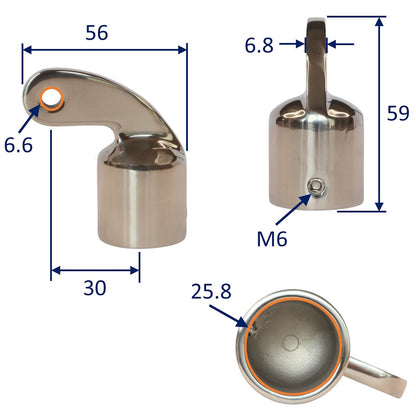 Tube End Cap Fitting With Extended Pivot At A 90 Degree Angle, 316 Stainless Steel, Available For 22mm & 25mm Tube