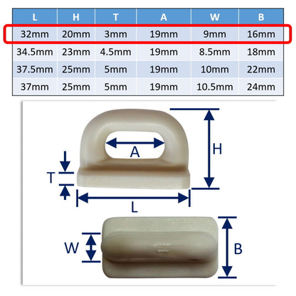 Nylon Flat Base Slider For Mainsail Attachment To Mast Track, Various Sizes Available