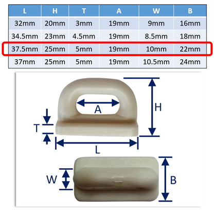 Nylon Flat Base Slider For Mainsail Attachment To Mast Track, Various Sizes Available