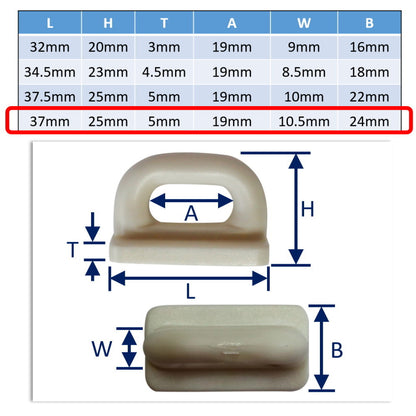 Nylon Flat Base Slider For Mainsail Attachment To Mast Track, Various Sizes Available