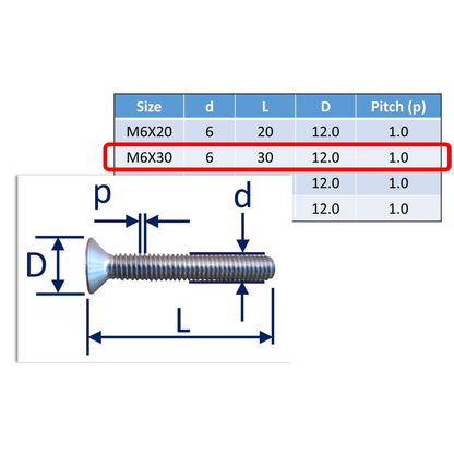 stainless steel countersunk bolts M6x30