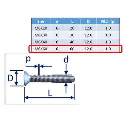 stainless steel countersunk bolts M6x60