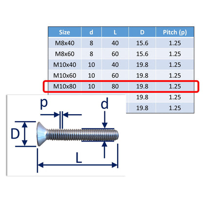 stainless steel countersunk bolts M10x80