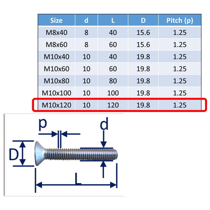 stainless steel countersunk bolts M10x120