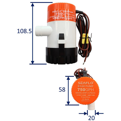 SEAFLO 750 GPH Electric Bilge Pump / Submersible Pump / 12Volt Bilge Pump. Boat Bilge Pump