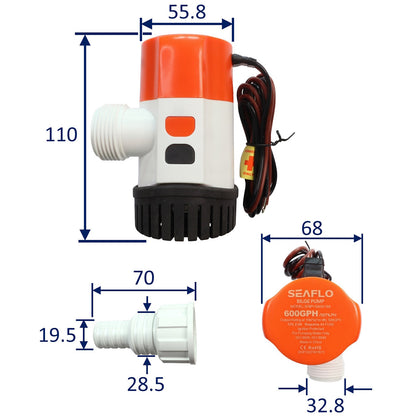 12V SEAFLO 600 GPH Electric Bilge Pump With Modular Quick Connect & Non-Return Valve