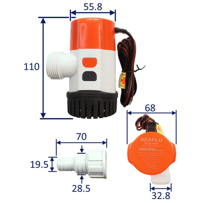 24V SEAFLO 600 GPH Electric Bilge Pump With Modular Quick Connect & Non-Return Valve