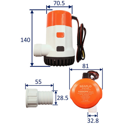 SEAFLO 1500 GPH Electric Bilge Pump / Submersible Pump / 12Volt Bilge Pump. Boat Bilge Pump With Non-Return Valve