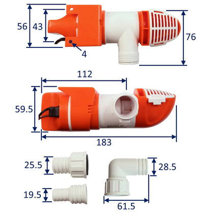 SEAFLO 800 GPH Low Profile Non-Automatic Bilge Pump. Outlet and pump body can rotate 360 degrees / 12 Volts / Horizontal or Vertically Mounted