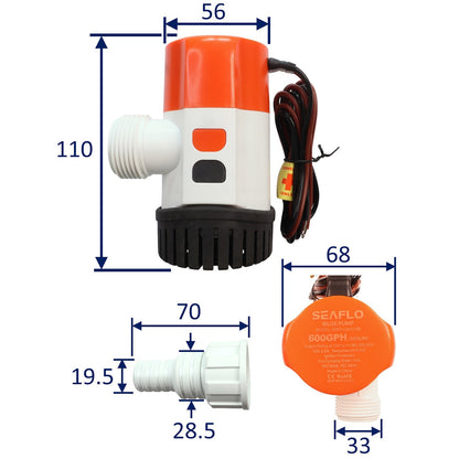 SEAFLO 600 GPH Electric Timer Sensing Automatic Bilge Pump / 12 Volt Boat Bilge Pump / Submersible and Ignition protected.