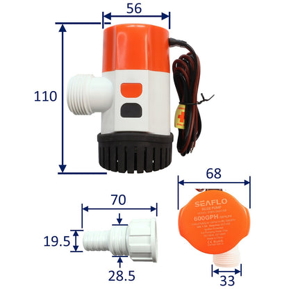 SEAFLO 600 GPH Electric Timer Sensing Automatic Bilge Pump / 24 Volt Boat Bilge Pump / Submersible and Ignition Protected.