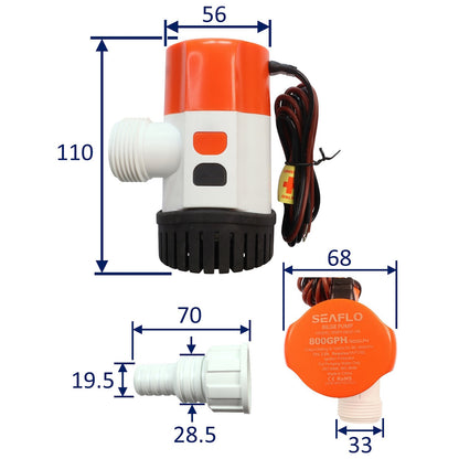 SEAFLO 800 GPH Electric Timer Sensing Automatic Bilge Pump / 12 Volt Boat Bilge Pump / Submersible and Ignition Protected.