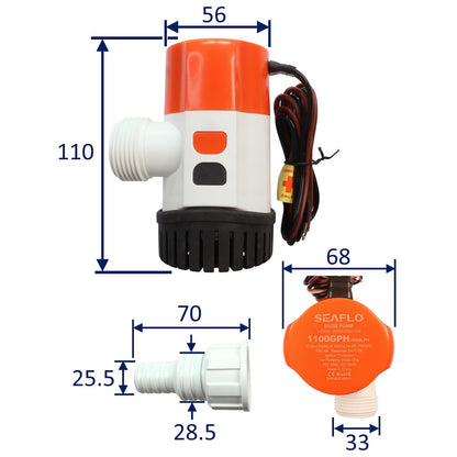 SEAFLO 1100 GPH Electric Timer Sensing Automatic Bilge Pump / 12 Volt Boat Bilge Pump / Submersible and Ignition Protected.