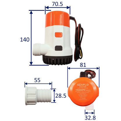 SEAFLO 1500 GPH Automatic Water Level Sensing Electric Bilge Pump / Submersible Pump / 12Volt Bilge Pump. Boat Bilge Pump With Non-Return Valve