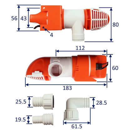 SEAFLO 1100 GPH Low Profile Non-Automatic Bilge Pump. Outlet and pump body can rotate 360 degrees / 12 Volts / Horizontal or Vertically Mounted